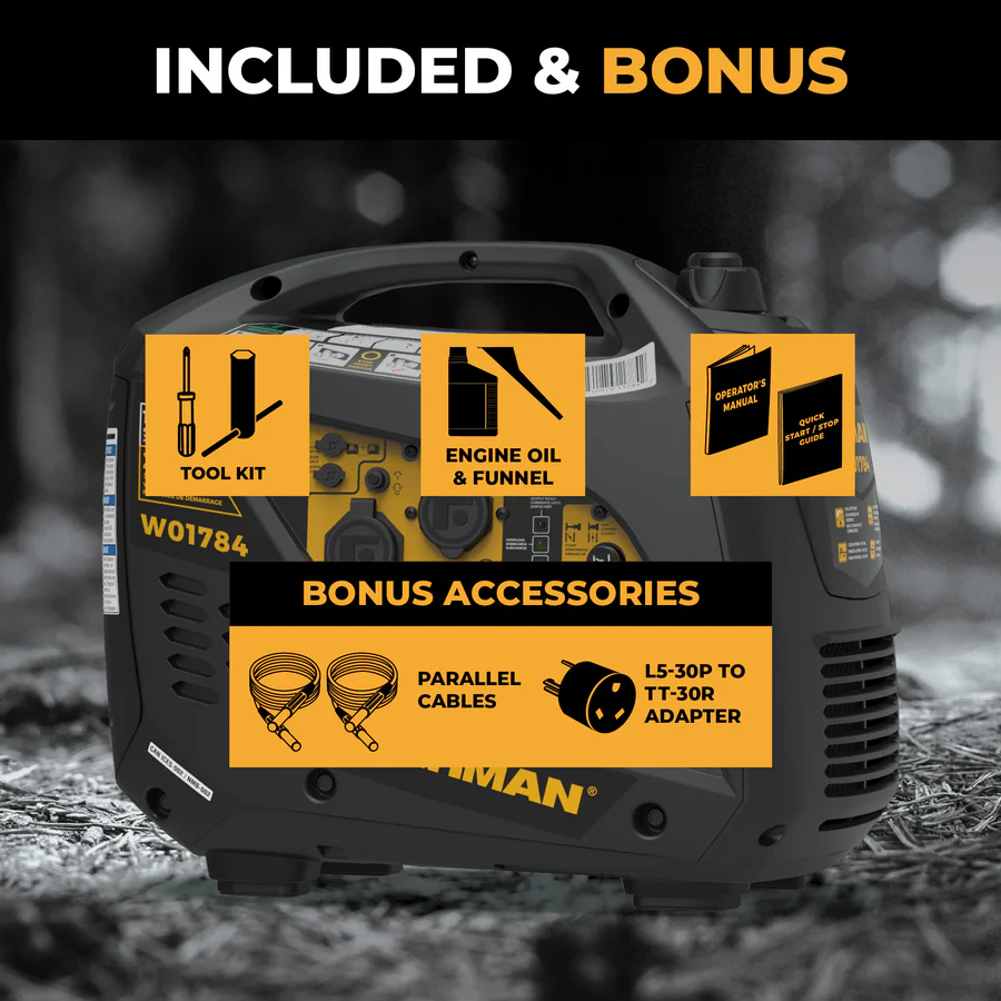 Icons showing included and bonus items with W01784 inverter generator