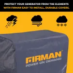 Generator cover surrounded by storm icons highlighting protection from rain, wind, and outdoor elements