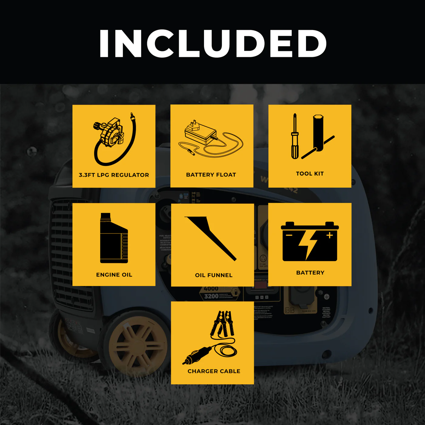 Icons showing included accessories with WH03242 inverter generator package