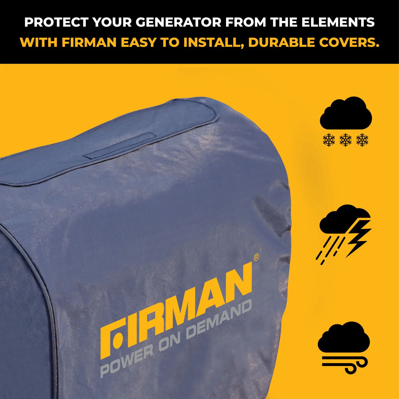 Generator cover surrounded by storm icons highlighting protection from rain, wind, and outdoor elements