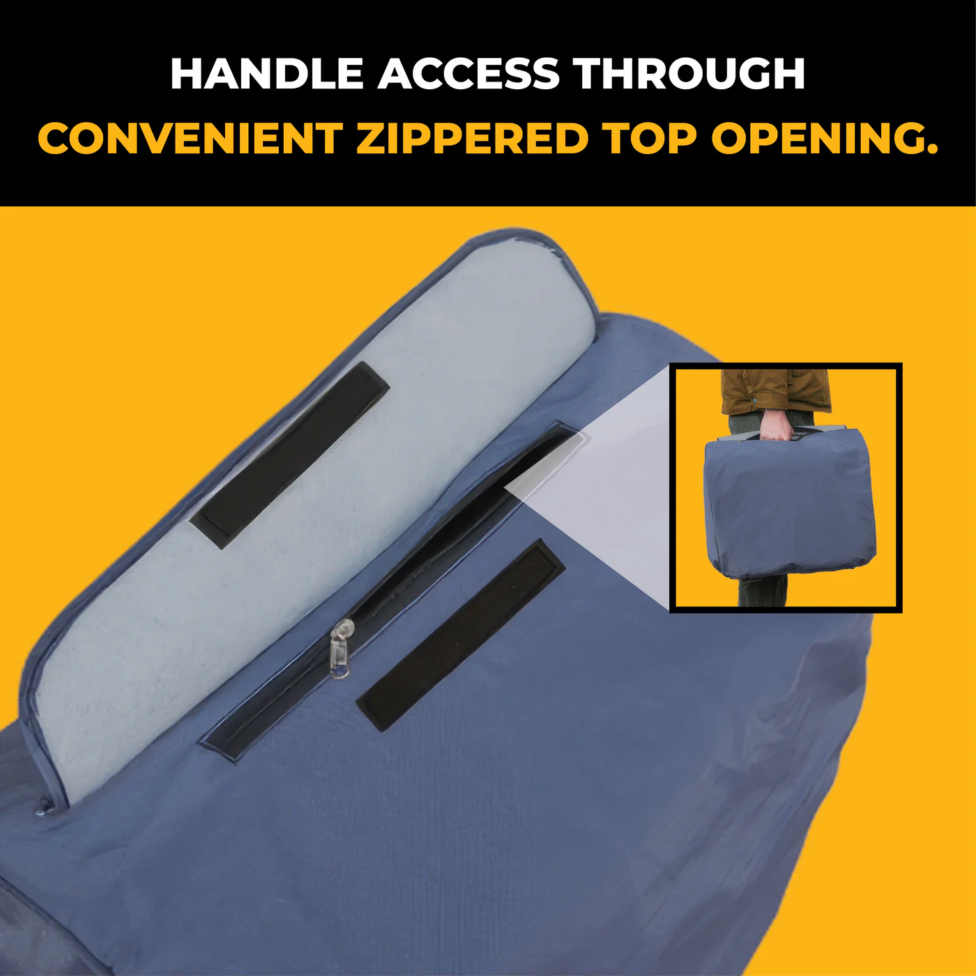 Generator cover with zippered top opening allowing access to the generator handle while covered
