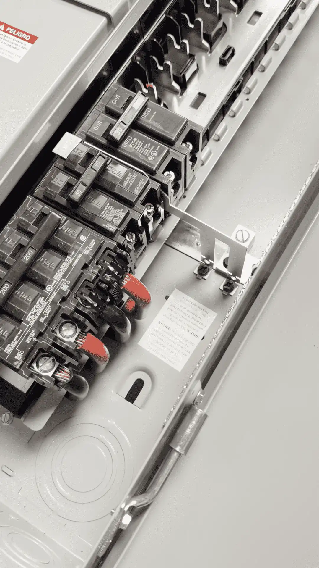 Photo of Interlockkit's adjustable single column breaker retainer securing a generator breaker in an electrical panel