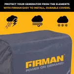 Generator cover surrounded by storm icons highlighting protection from rain, wind, dust, and outdoor elements